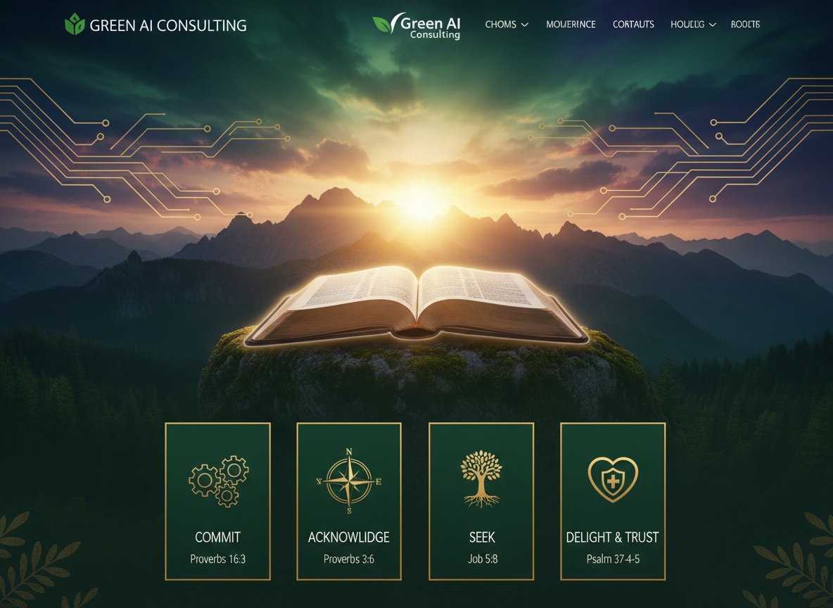 Green AI Consulting Biblical Foundation image featuring Commit, Acknowledge, Seek, and Delight and Trust with scripture references.