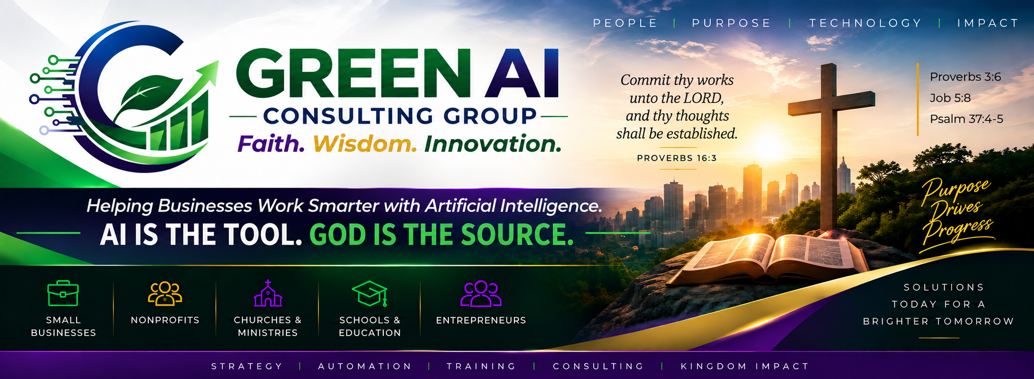 Green AI Consulting Group banner featuring faith, wisdom, innovation, Proverbs 16:3, and AI consulting services